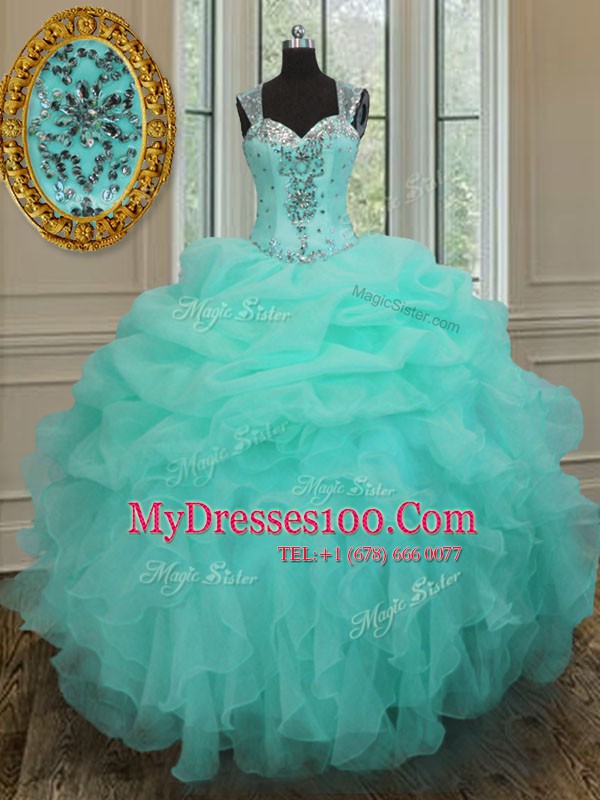 Captivating Straps Apple Green Organza Zipper 15 Quinceanera Dress Sleeveless Floor Length Beading and Ruffles