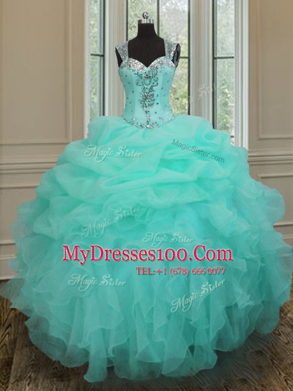 Captivating Straps Apple Green Organza Zipper 15 Quinceanera Dress Sleeveless Floor Length Beading and Ruffles