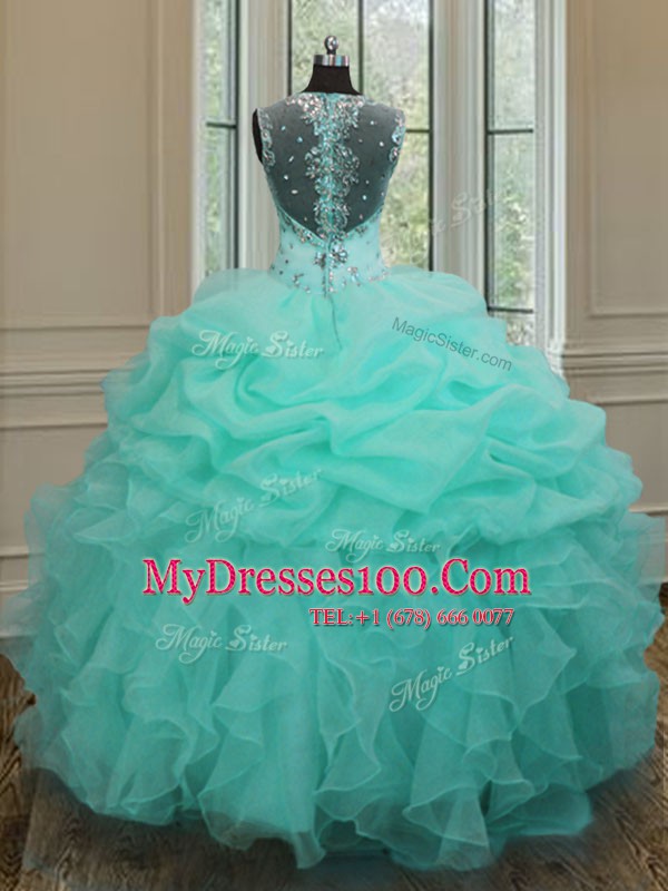 Captivating Straps Apple Green Organza Zipper 15 Quinceanera Dress Sleeveless Floor Length Beading and Ruffles
