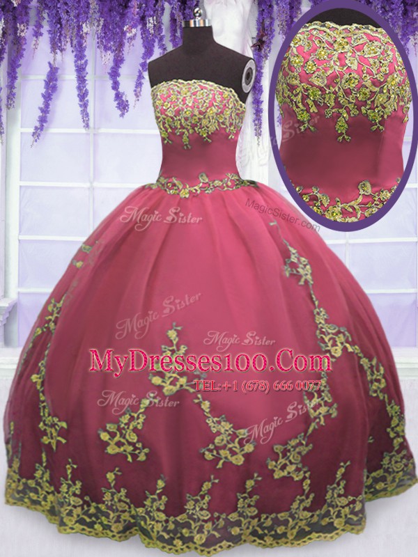 On Sale Red Ball Gowns Appliques Sweet 16 Dress Zipper Tulle Sleeveless Floor Length