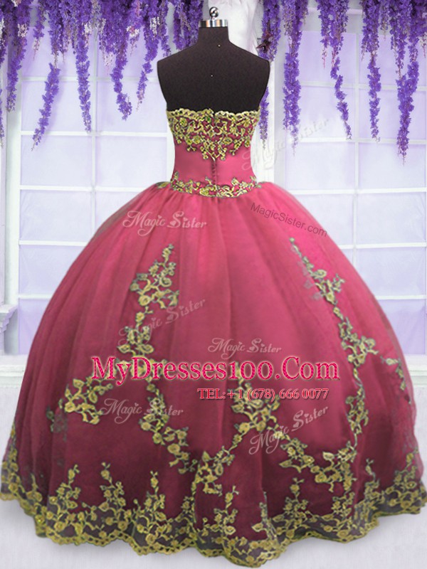 On Sale Red Ball Gowns Appliques Sweet 16 Dress Zipper Tulle Sleeveless Floor Length