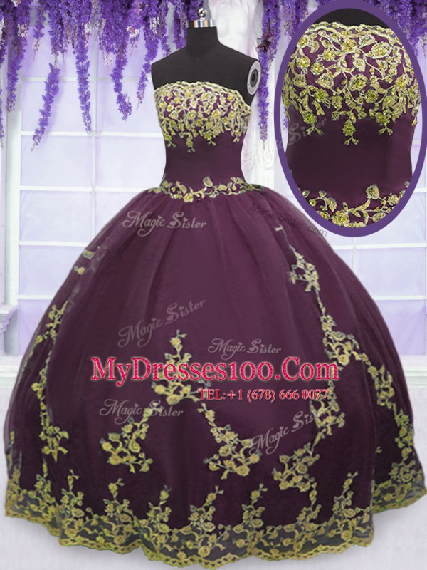 Luxurious Floor Length Purple Ball Gown Prom Dress Tulle Sleeveless Appliques