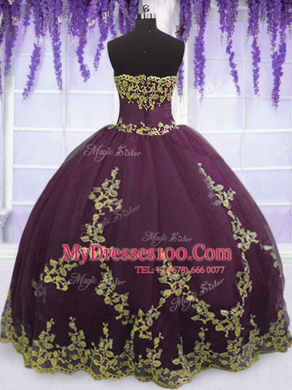 Luxurious Floor Length Purple Ball Gown Prom Dress Tulle Sleeveless Appliques