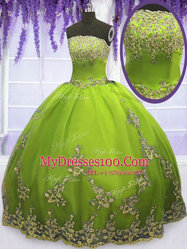 Admirable Olive Green Strapless Neckline Appliques Quinceanera Gowns Sleeveless Zipper