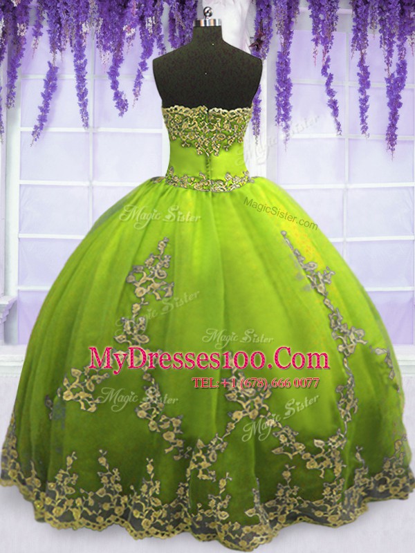 Admirable Olive Green Strapless Neckline Appliques Quinceanera Gowns Sleeveless Zipper