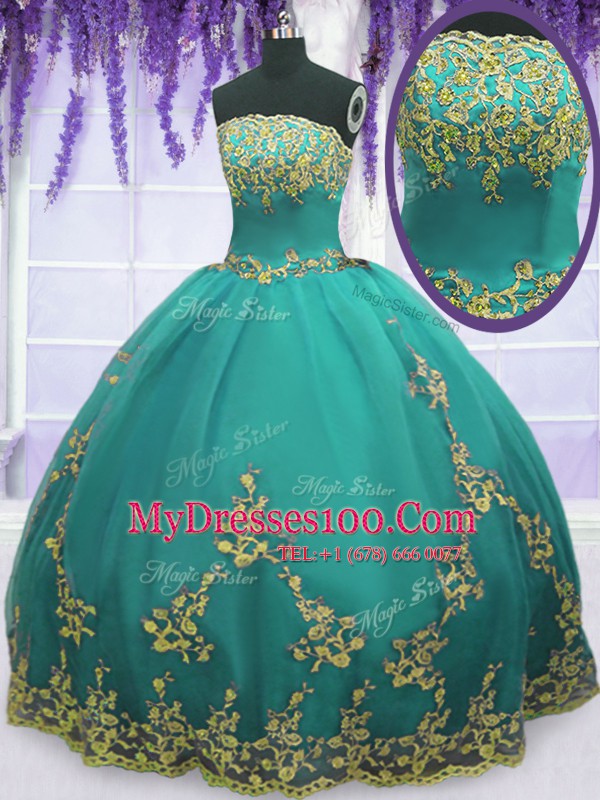 Aqua Blue Zipper Quinceanera Dress Appliques Sleeveless Floor Length