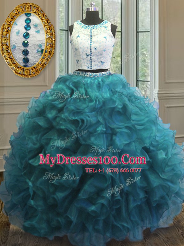 Nice Ball Gowns Sweet 16 Quinceanera Dress Teal Scoop Organza Sleeveless Floor Length Clasp Handle