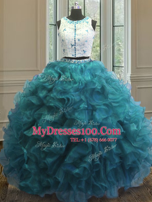 Nice Ball Gowns Sweet 16 Quinceanera Dress Teal Scoop Organza Sleeveless Floor Length Clasp Handle