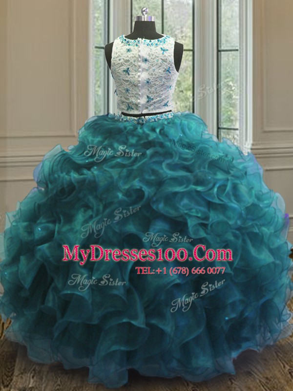 Nice Ball Gowns Sweet 16 Quinceanera Dress Teal Scoop Organza Sleeveless Floor Length Clasp Handle