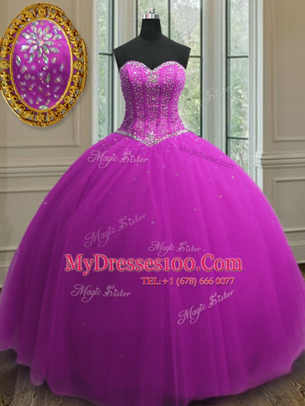 Fantastic Sweetheart Sleeveless Quinceanera Gowns Floor Length Beading and Sequins Purple Tulle