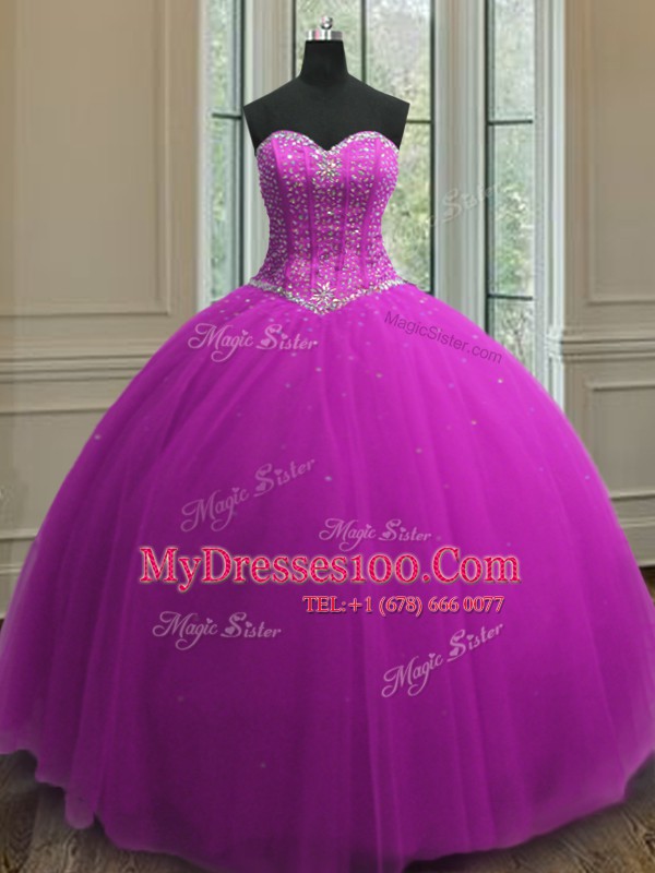 Fantastic Sweetheart Sleeveless Quinceanera Gowns Floor Length Beading and Sequins Purple Tulle