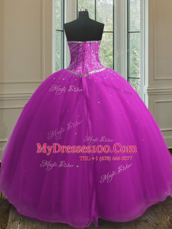 Fantastic Sweetheart Sleeveless Quinceanera Gowns Floor Length Beading and Sequins Purple Tulle