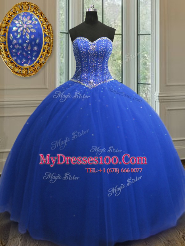 Floor Length Royal Blue Quinceanera Gowns Tulle Sleeveless Beading and Sequins