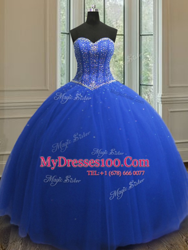 Floor Length Royal Blue Quinceanera Gowns Tulle Sleeveless Beading and Sequins
