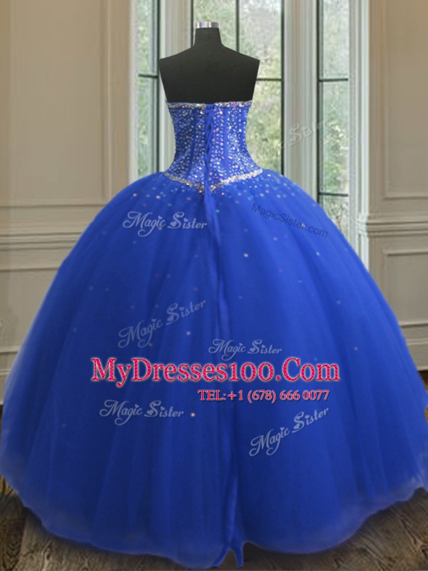Floor Length Royal Blue Quinceanera Gowns Tulle Sleeveless Beading and Sequins