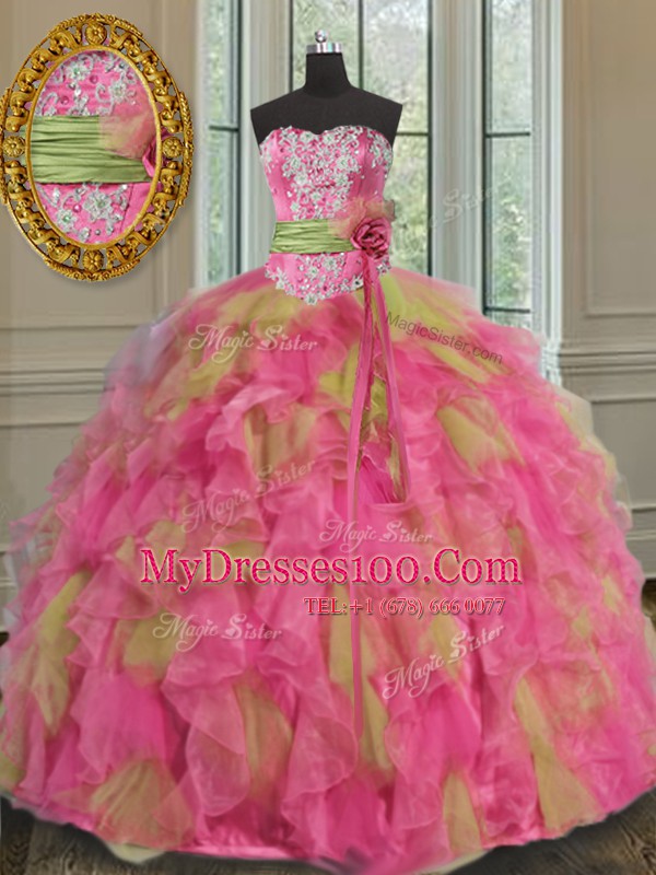 Multi-color Ball Gowns Sweetheart Sleeveless Organza Floor Length Lace Up Beading and Ruffles and Sequins Quinceanera Gowns