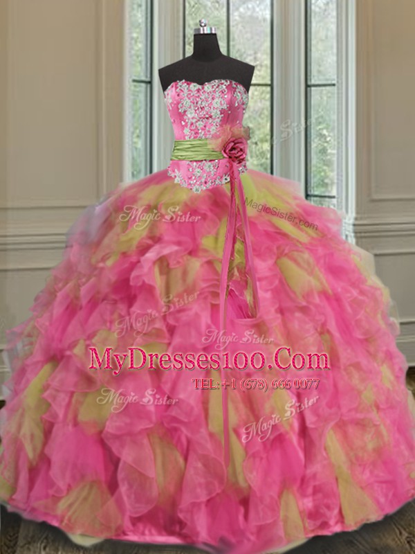 Multi-color Ball Gowns Sweetheart Sleeveless Organza Floor Length Lace Up Beading and Ruffles and Sequins Quinceanera Gowns