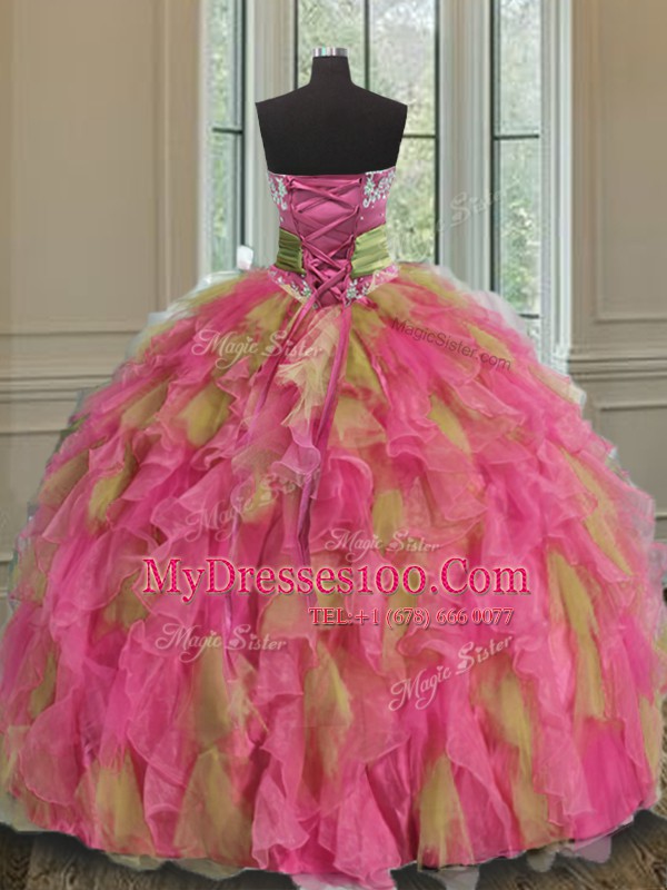 Multi-color Ball Gowns Sweetheart Sleeveless Organza Floor Length Lace Up Beading and Ruffles and Sequins Quinceanera Gowns
