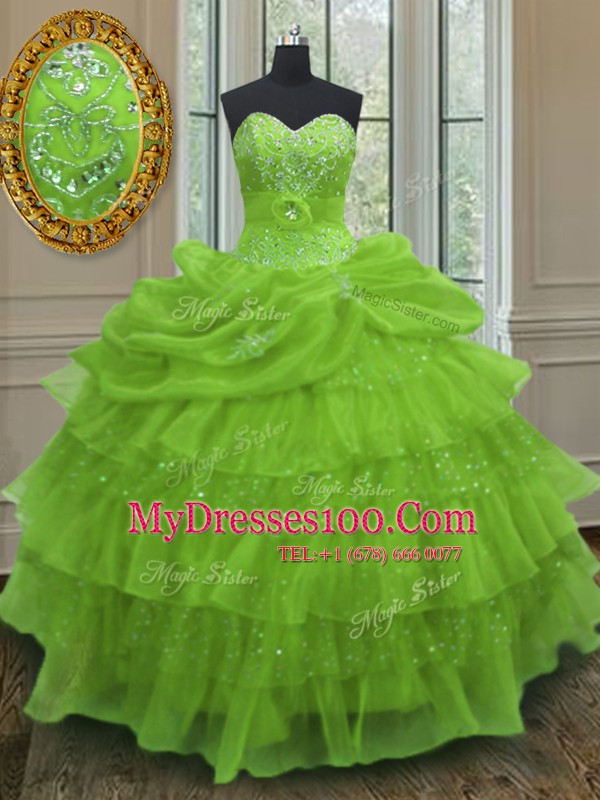 Extravagant Floor Length Yellow Green Ball Gown Prom Dress Organza Sleeveless Beading and Ruffled Layers and Pick Ups