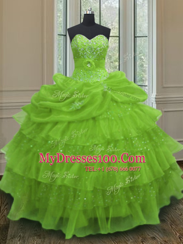 Extravagant Floor Length Yellow Green Ball Gown Prom Dress Organza Sleeveless Beading and Ruffled Layers and Pick Ups