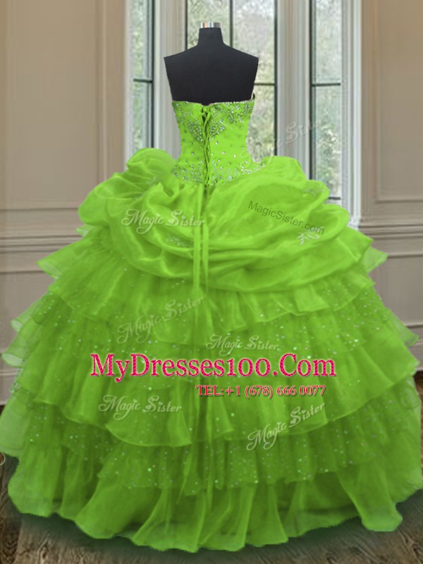 Extravagant Floor Length Yellow Green Ball Gown Prom Dress Organza Sleeveless Beading and Ruffled Layers and Pick Ups