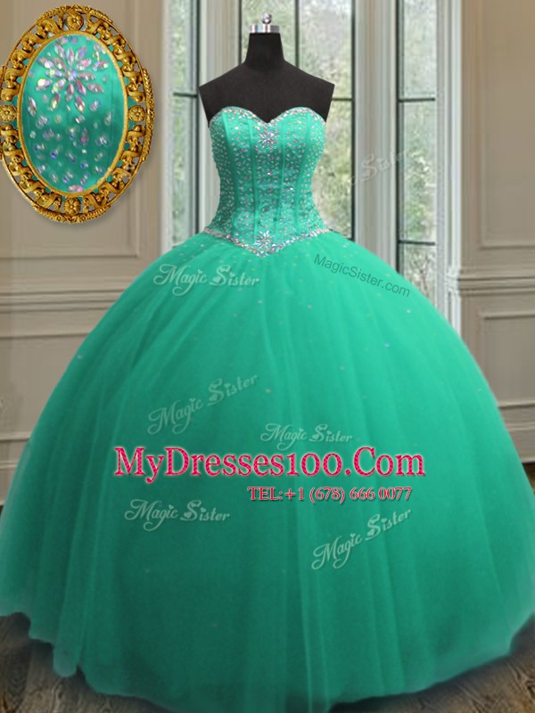 Stylish Turquoise Sleeveless Beading and Sequins Floor Length Sweet 16 Quinceanera Dress