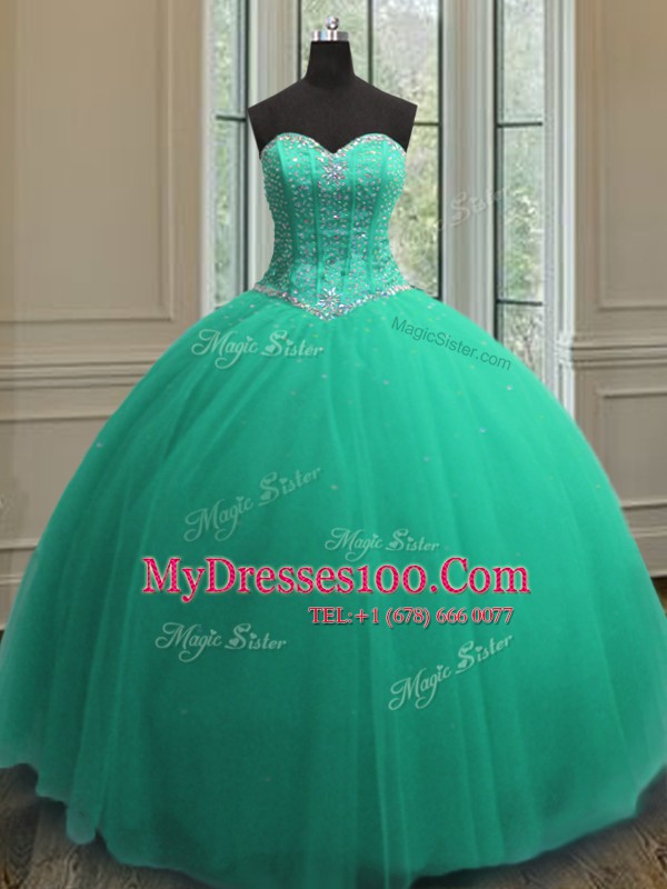 Stylish Turquoise Sleeveless Beading and Sequins Floor Length Sweet 16 Quinceanera Dress