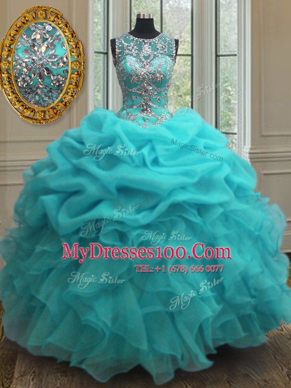 Scoop Sleeveless Beading and Ruffles Lace Up Quinceanera Gown