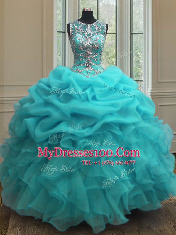 Scoop Sleeveless Beading and Ruffles Lace Up Quinceanera Gown