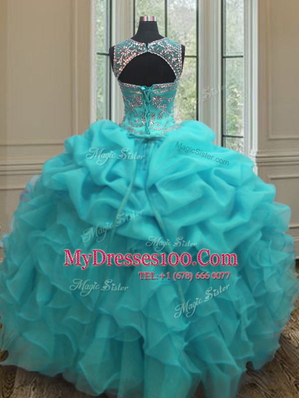 Scoop Sleeveless Beading and Ruffles Lace Up Quinceanera Gown
