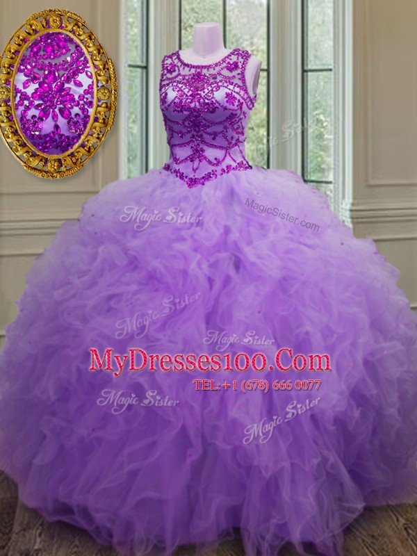 Scoop Lavender Tulle Lace Up 15 Quinceanera Dress Sleeveless Floor Length Beading and Ruffles