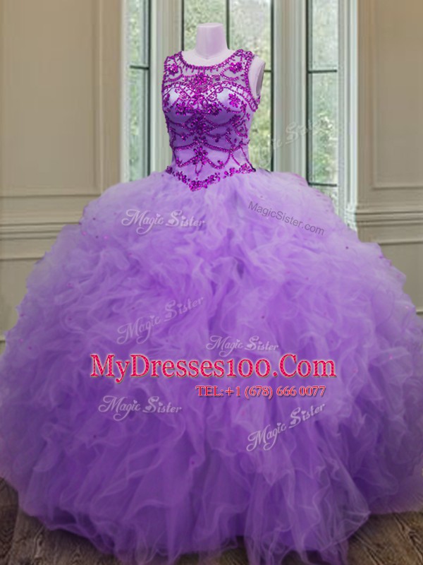 Scoop Lavender Tulle Lace Up 15 Quinceanera Dress Sleeveless Floor Length Beading and Ruffles