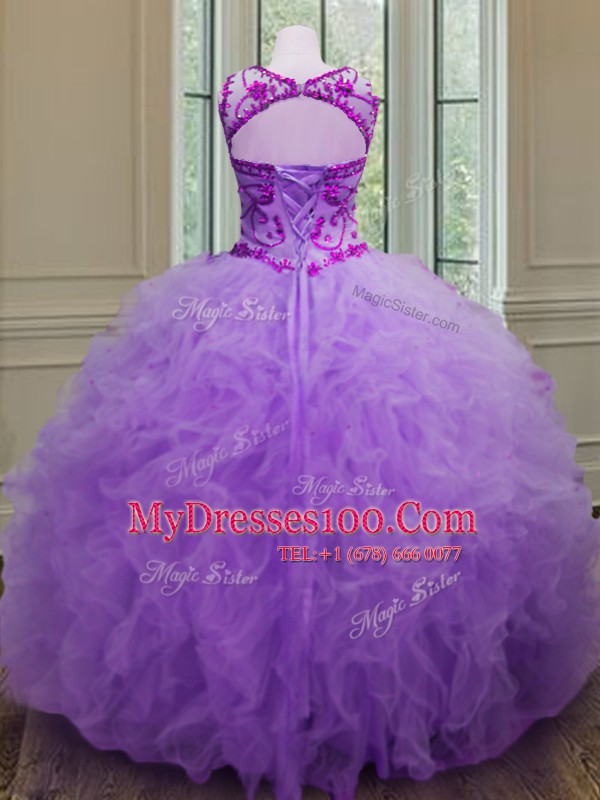 Scoop Lavender Tulle Lace Up 15 Quinceanera Dress Sleeveless Floor Length Beading and Ruffles
