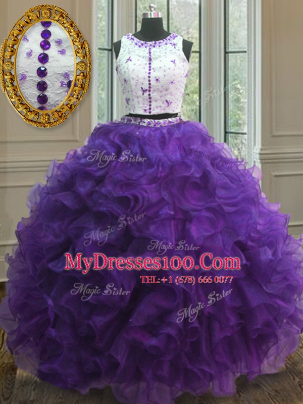 Eye-catching Purple Clasp Handle Scoop Appliques Quinceanera Dresses Organza Sleeveless
