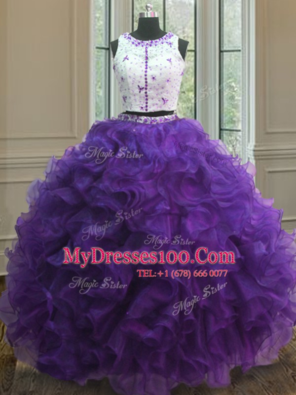 Eye-catching Purple Clasp Handle Scoop Appliques Quinceanera Dresses Organza Sleeveless