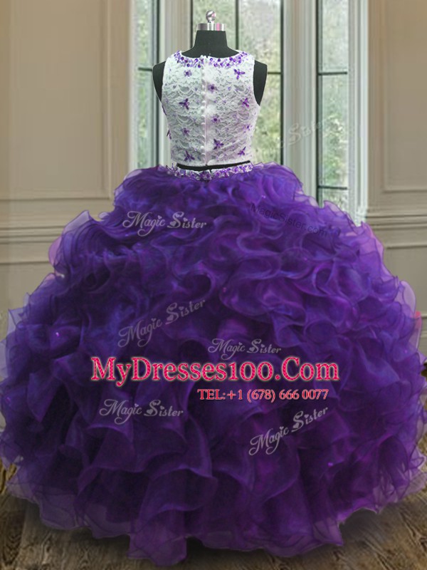 Eye-catching Purple Clasp Handle Scoop Appliques Quinceanera Dresses Organza Sleeveless
