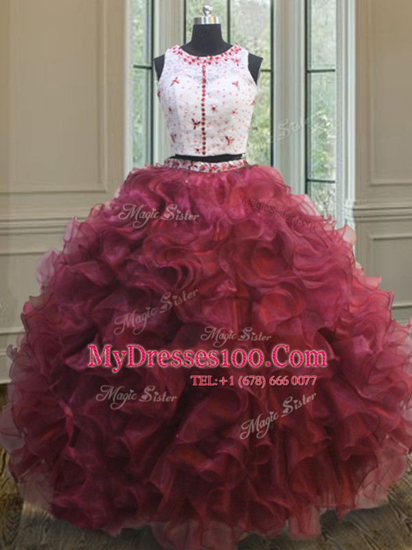 Best Scoop Sleeveless Organza Quinceanera Gown Appliques and Ruffles Clasp Handle