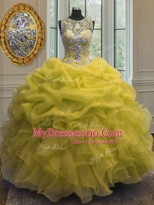 Pick Ups Scoop Sleeveless Lace Up Quinceanera Gown Yellow Organza