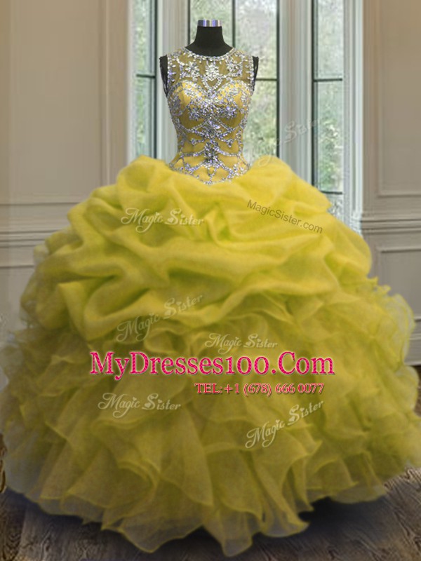 Pick Ups Scoop Sleeveless Lace Up Quinceanera Gown Yellow Organza
