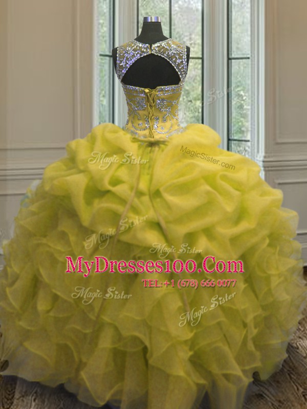 Pick Ups Scoop Sleeveless Lace Up Quinceanera Gown Yellow Organza