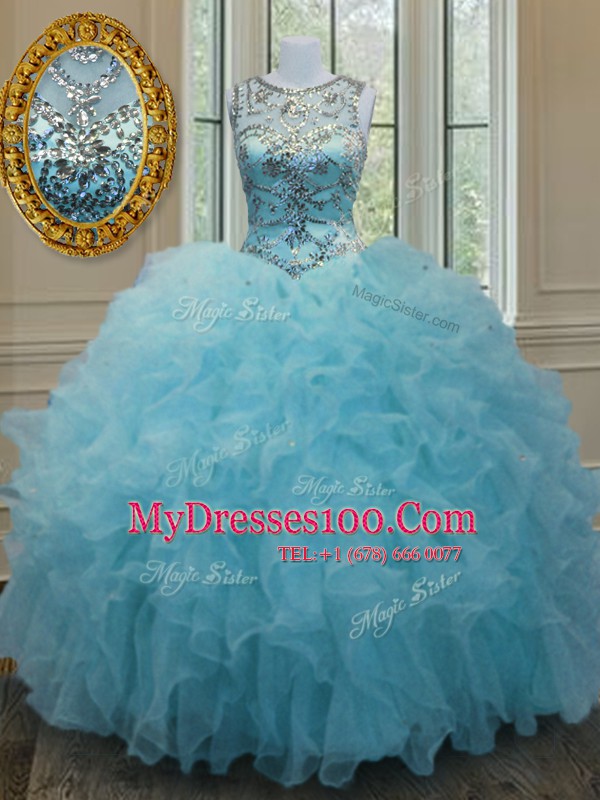 Scoop Sleeveless Floor Length Beading and Ruffles Lace Up Sweet 16 Quinceanera Dress with Aqua Blue