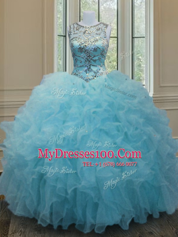 Scoop Sleeveless Floor Length Beading and Ruffles Lace Up Sweet 16 Quinceanera Dress with Aqua Blue