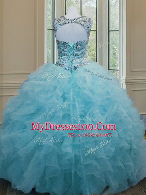 Scoop Sleeveless Floor Length Beading and Ruffles Lace Up Sweet 16 Quinceanera Dress with Aqua Blue