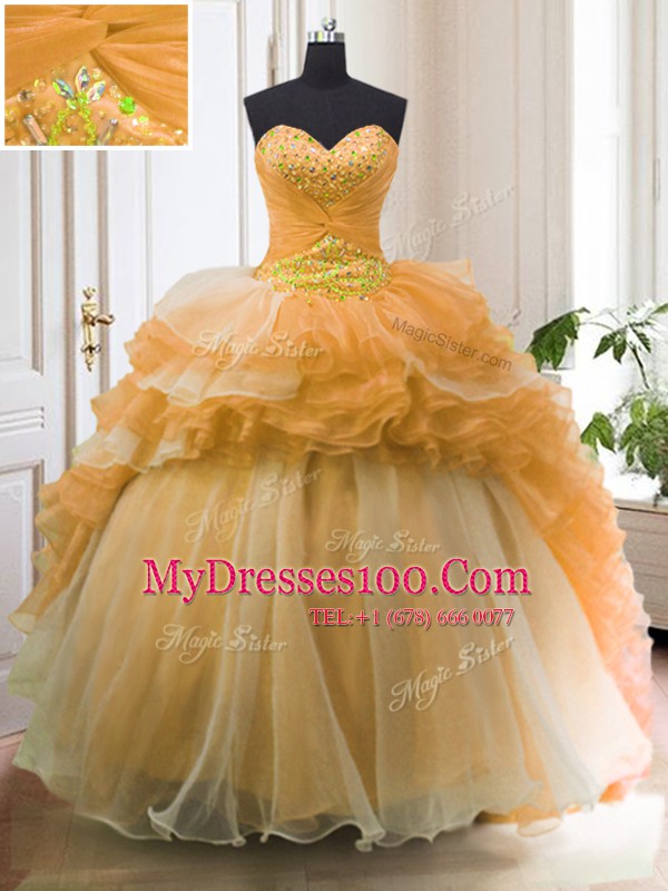 Sweet With Train Orange Quince Ball Gowns Organza Sweep Train Sleeveless Beading and Ruffled Layers