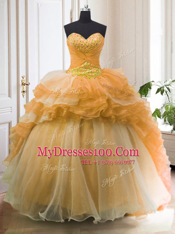 Sweet With Train Orange Quince Ball Gowns Organza Sweep Train Sleeveless Beading and Ruffled Layers