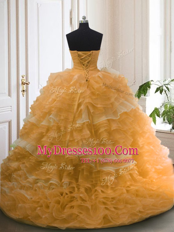 Sweet With Train Orange Quince Ball Gowns Organza Sweep Train Sleeveless Beading and Ruffled Layers