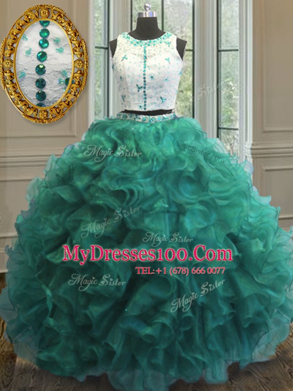Sexy Scoop Turquoise Organza Clasp Handle Vestidos de Quinceanera Sleeveless Floor Length Appliques and Ruffles