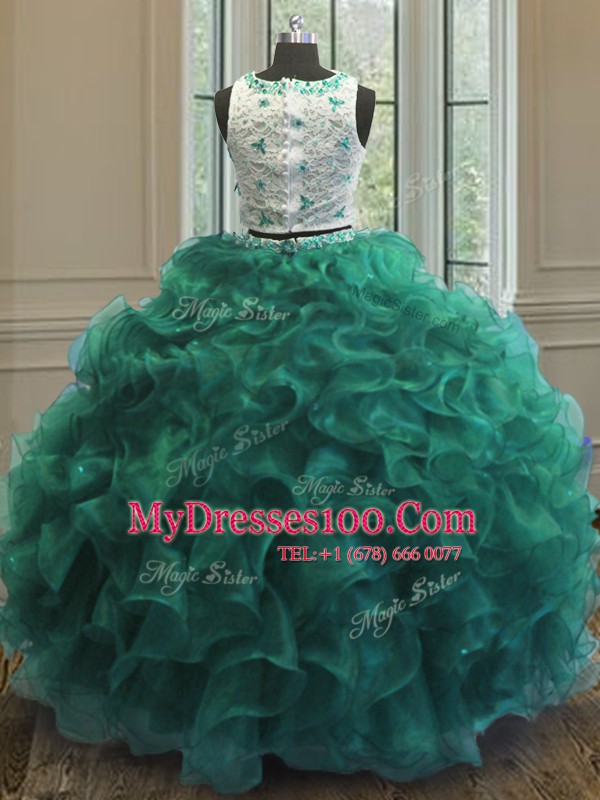 Sexy Scoop Turquoise Organza Clasp Handle Vestidos de Quinceanera Sleeveless Floor Length Appliques and Ruffles
