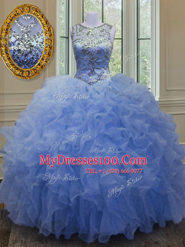 Blue Sweet 16 Quinceanera Dress Military Ball and Sweet 16 and Quinceanera and For with Beading and Ruffles Scoop Sleeveless Lace Up