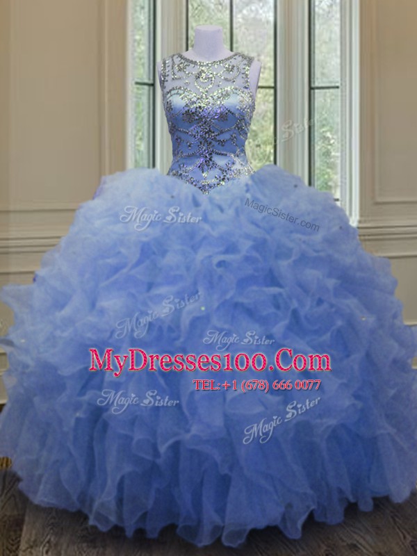 Blue Sweet 16 Quinceanera Dress Military Ball and Sweet 16 and Quinceanera and For with Beading and Ruffles Scoop Sleeveless Lace Up